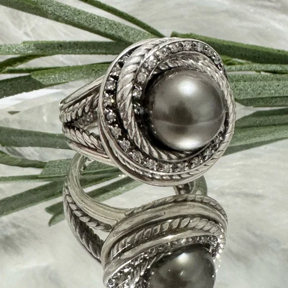 David Yurman Tahitian Pearl Diamond Crossover Ring - Picture 2 of 13